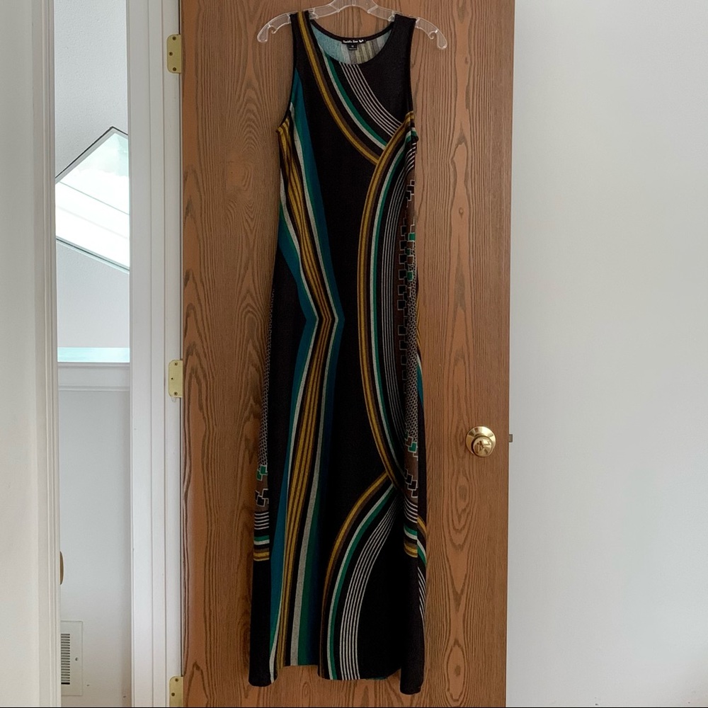 Double Zero Black Maxi Dress with Teal, Mustard & White Stripes